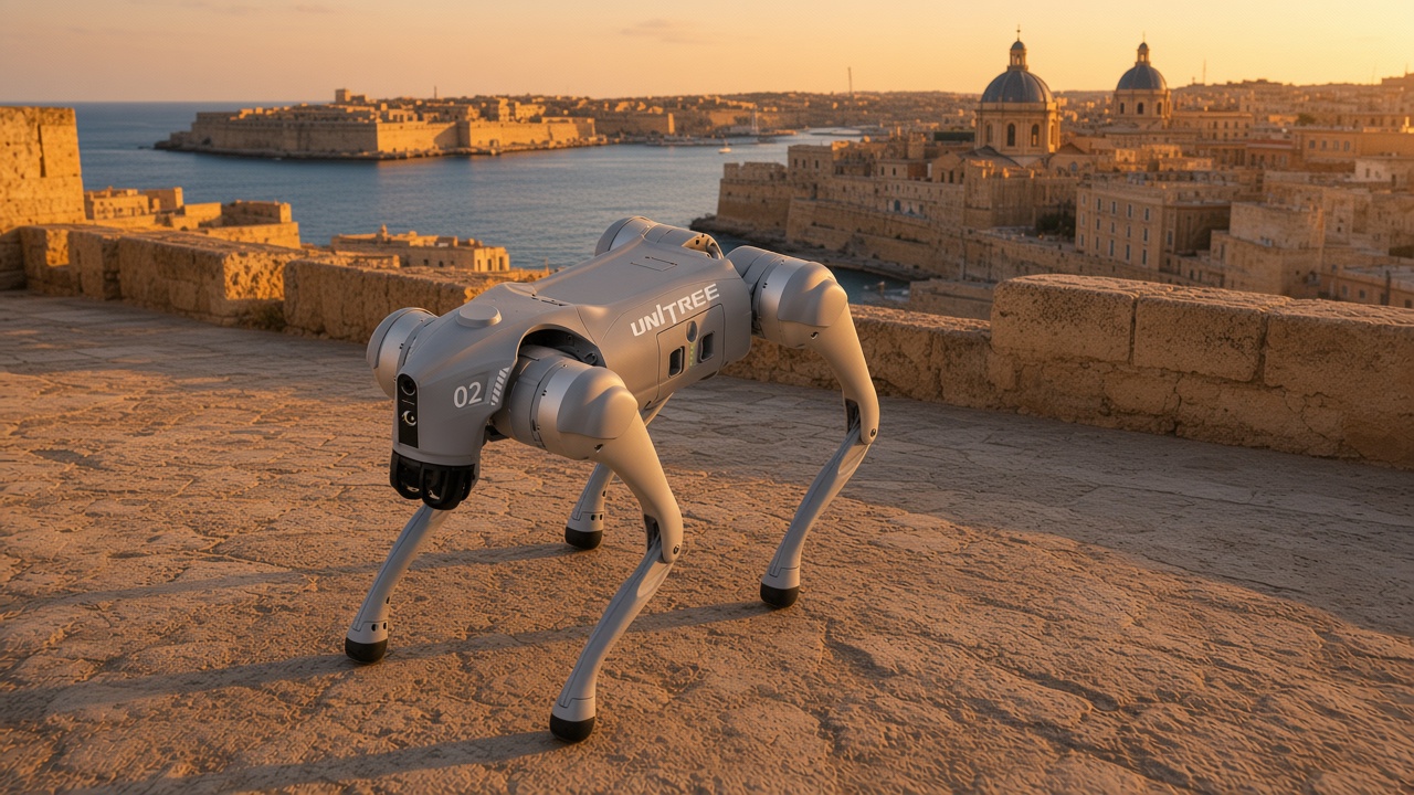 Agent Zed, a quadruped robot, on a Valletta bastion overlooking the Grand Harbour